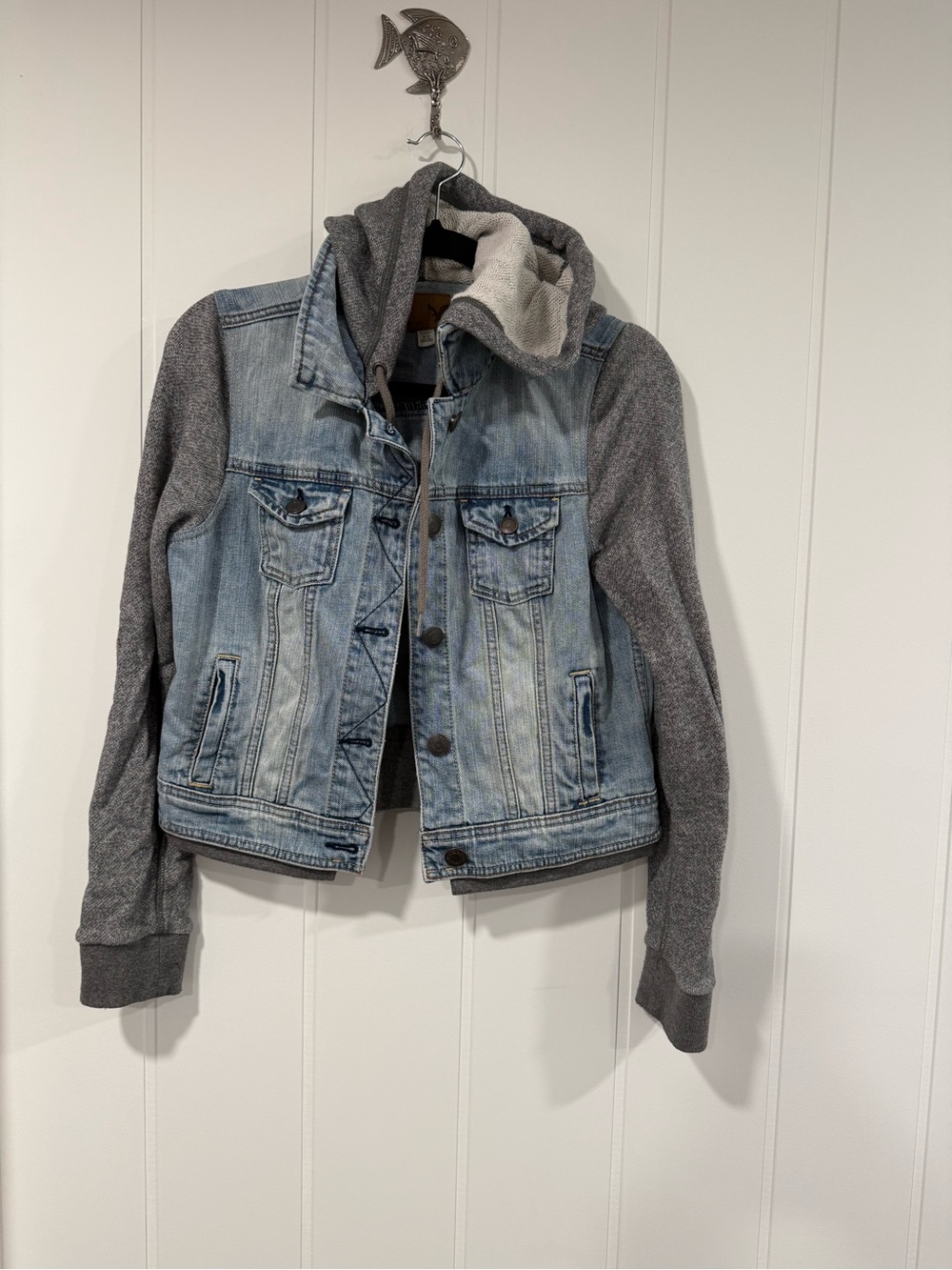 American Eagle Outfitters Light Blue Denim Jacket with Gray Knit Hood & Sleeves